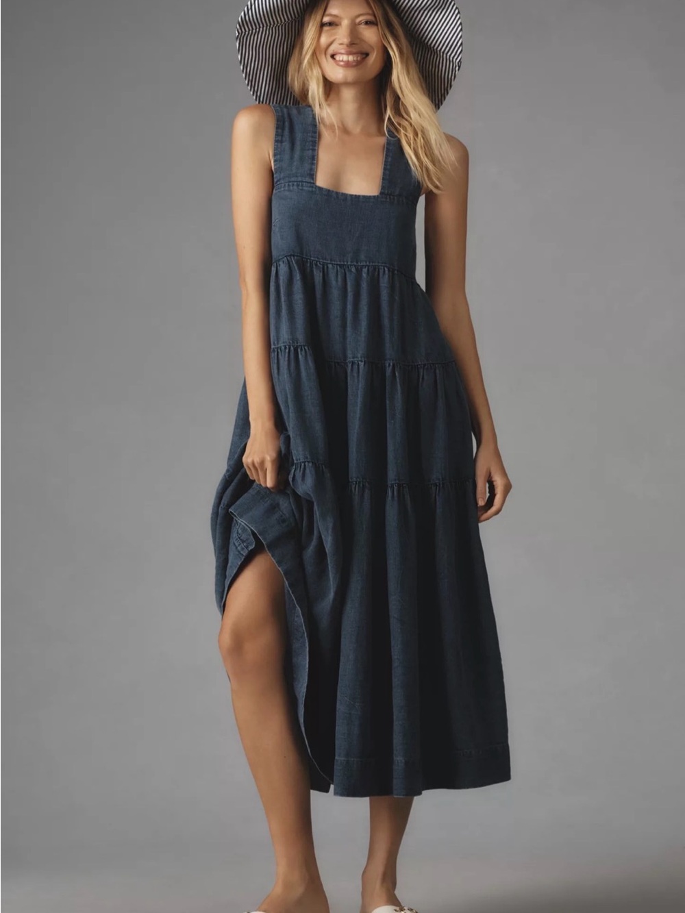 Anthropologie The Helena Square-Neck Tiered Midi Smocked Cotton Denim Dress XL